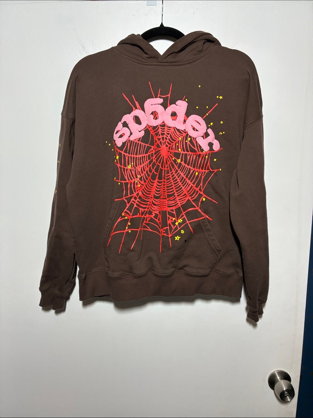 Sp5der Brown Graphic Hoodie with Pink & Red Spiderweb Design